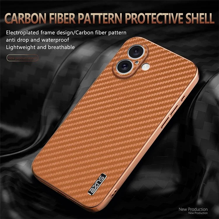 AZNS For iPhone 16 Plus Case Electroplating Carbon Fiber Texture PU+TPU Phone Cover