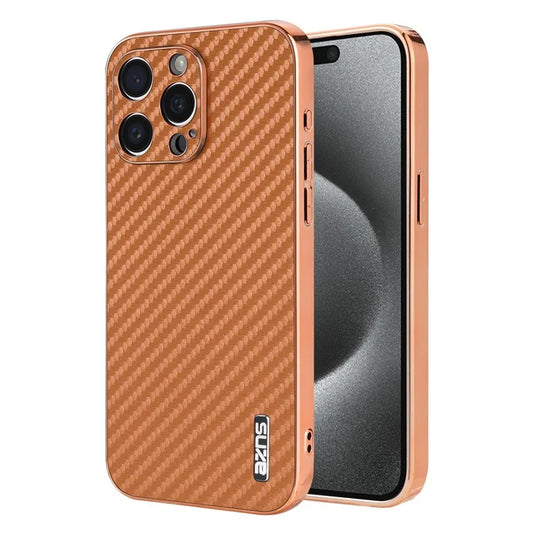 AZNS For iPhone 15 Pro Case Electroplating Carbon Fiber Texture PU+TPU Phone Cover