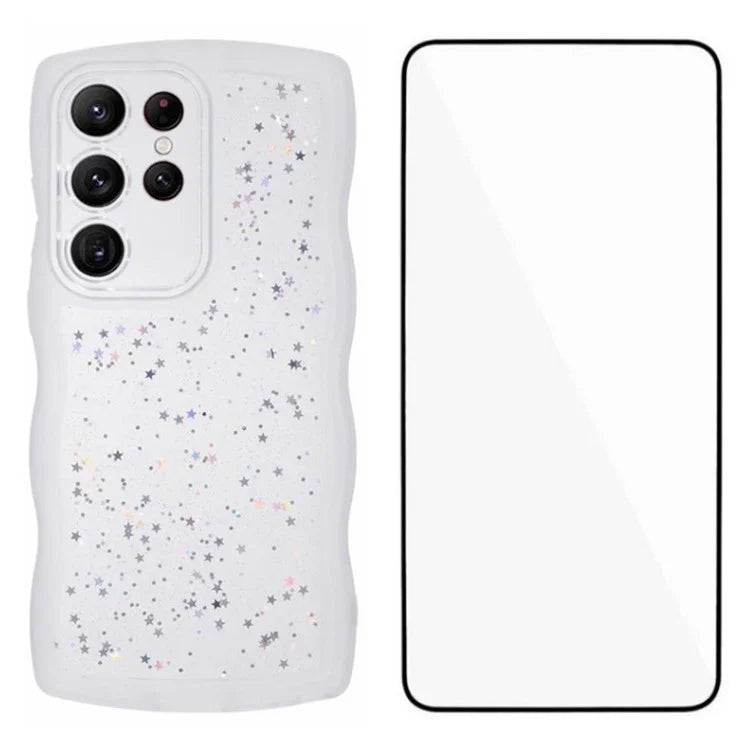 WANLONFENG JWT Series for Samsung Galaxy S23 Ultra TPU Case Epoxy Phone Cover Wavy Edge with Tempered Glass