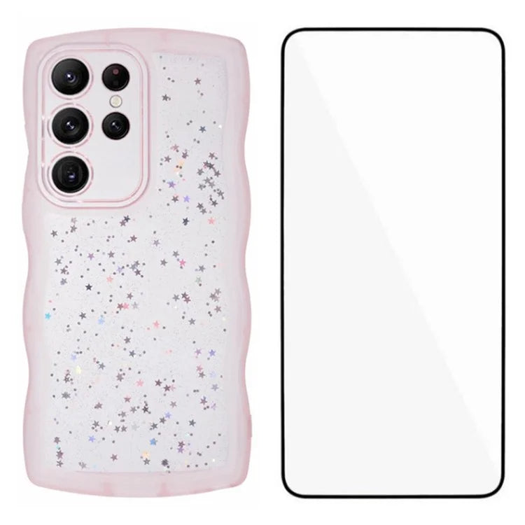 WANLONFENG JWT Series for Samsung Galaxy S23 Ultra TPU Case Epoxy Phone Cover Wavy Edge with Tempered Glass