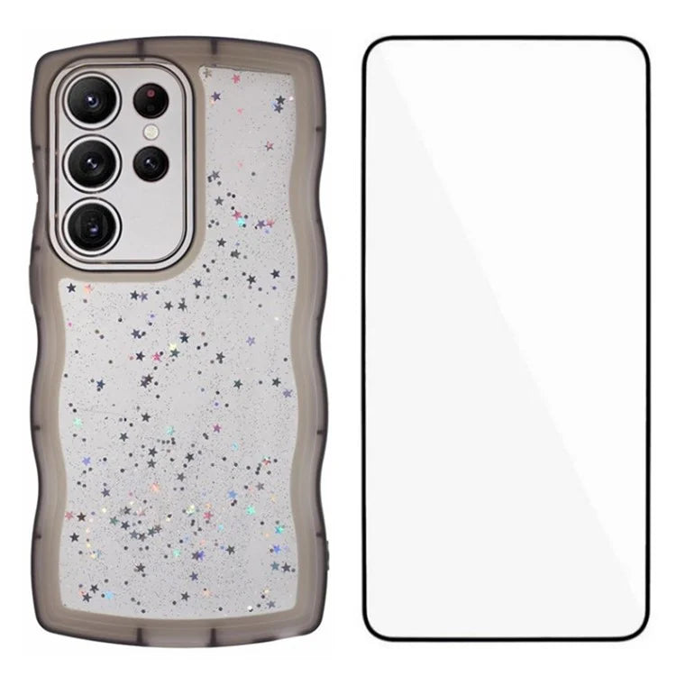 WANLONFENG JWT Series for Samsung Galaxy S23 Ultra TPU Case Epoxy Phone Cover Wavy Edge with Tempered Glass