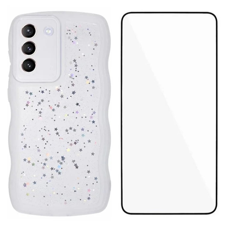 WANLONFENG JWT Series for Samsung Galaxy S21 FE 5G TPU Case Epoxy Phone Cover Wavy Edge with Tempered Glass