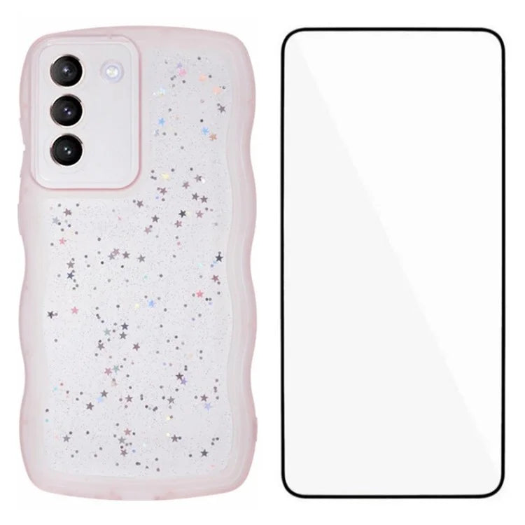 WANLONFENG JWT Series for Samsung Galaxy S21 FE 5G TPU Case Epoxy Phone Cover Wavy Edge with Tempered Glass