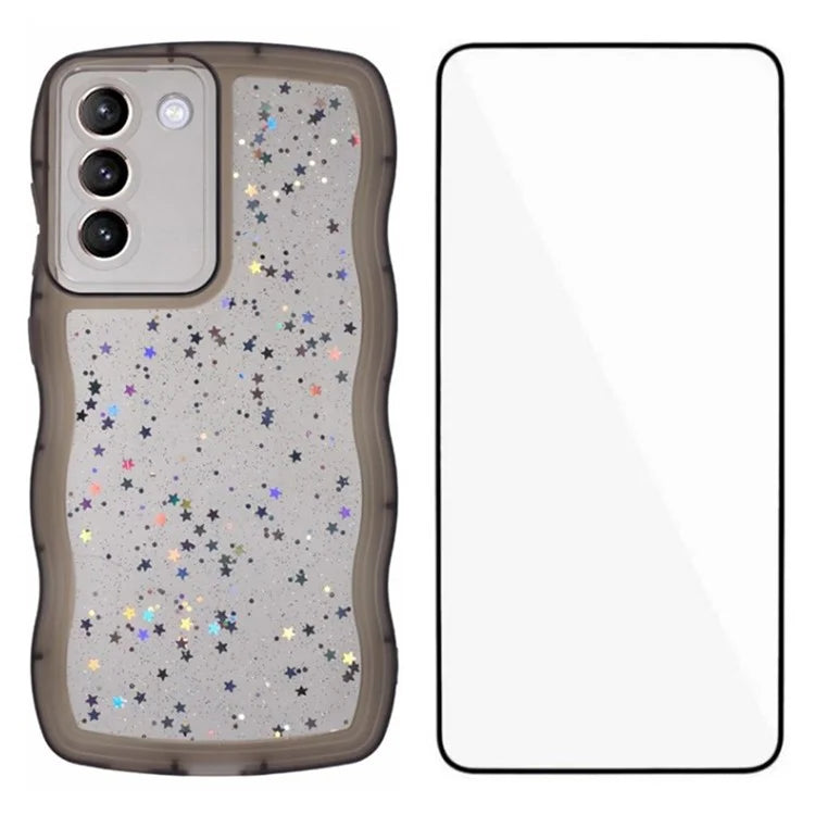 WANLONFENG JWT Series for Samsung Galaxy S21 FE 5G TPU Case Epoxy Phone Cover Wavy Edge with Tempered Glass