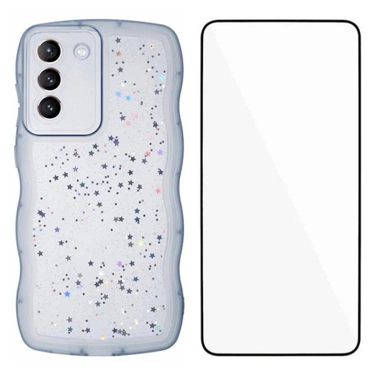WANLONFENG JWT Series for Samsung Galaxy S21 FE 5G TPU Case Epoxy Phone Cover Wavy Edge with Tempered Glass