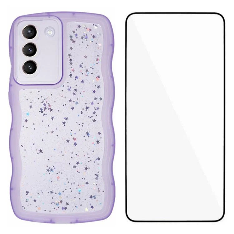 WANLONFENG JWT Series for Samsung Galaxy S21 FE 5G TPU Case Epoxy Phone Cover Wavy Edge with Tempered Glass