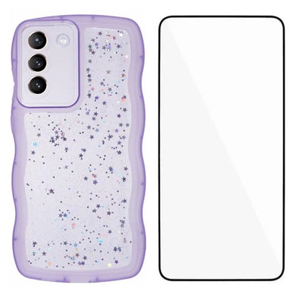 WANLONFENG JWT Series for Samsung Galaxy S21 FE 5G TPU Case Epoxy Phone Cover Wavy Edge with Tempered Glass