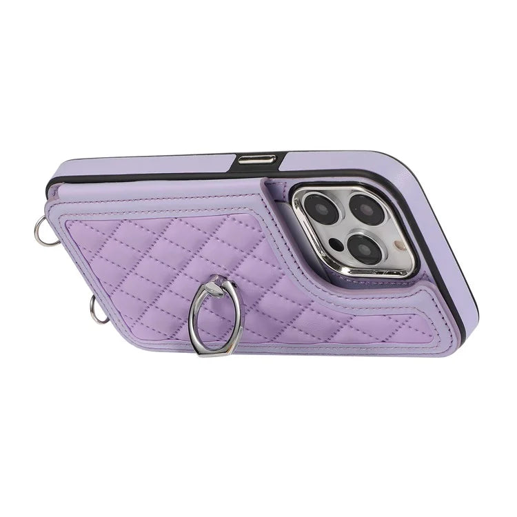 For iPhone 16 Pro Max Case Anti-Drop TPU+PU Leather Phone Cover with Ring Kickstand and Shoulder Strap