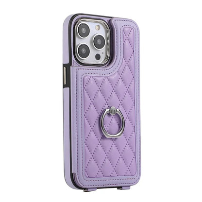 For iPhone 16 Pro Max Case Anti-Drop TPU+PU Leather Phone Cover with Ring Kickstand and Shoulder Strap