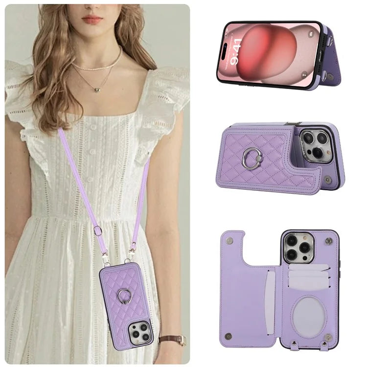 For iPhone 16 Pro Max Case Anti-Drop TPU+PU Leather Phone Cover with Ring Kickstand and Shoulder Strap