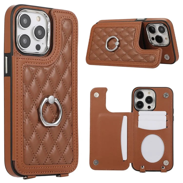 For iPhone 16 Pro Max Case Anti-Drop TPU+PU Leather Phone Cover with Ring Kickstand and Shoulder Strap
