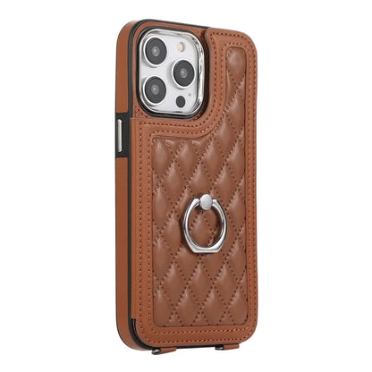 For iPhone 16 Pro Max Case Anti-Drop TPU+PU Leather Phone Cover with Ring Kickstand and Shoulder Strap