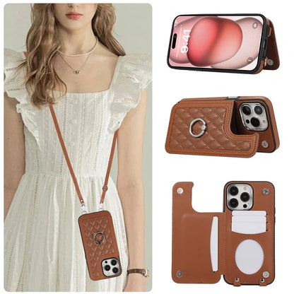 For iPhone 16 Pro Max Case Anti-Drop TPU+PU Leather Phone Cover with Ring Kickstand and Shoulder Strap
