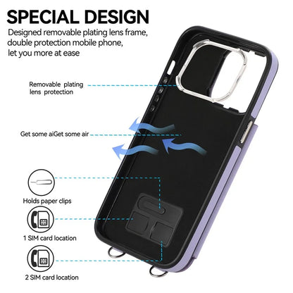 For iPhone 16 Pro Max Case Anti-Drop TPU+PU Leather Phone Cover with Ring Kickstand and Shoulder Strap