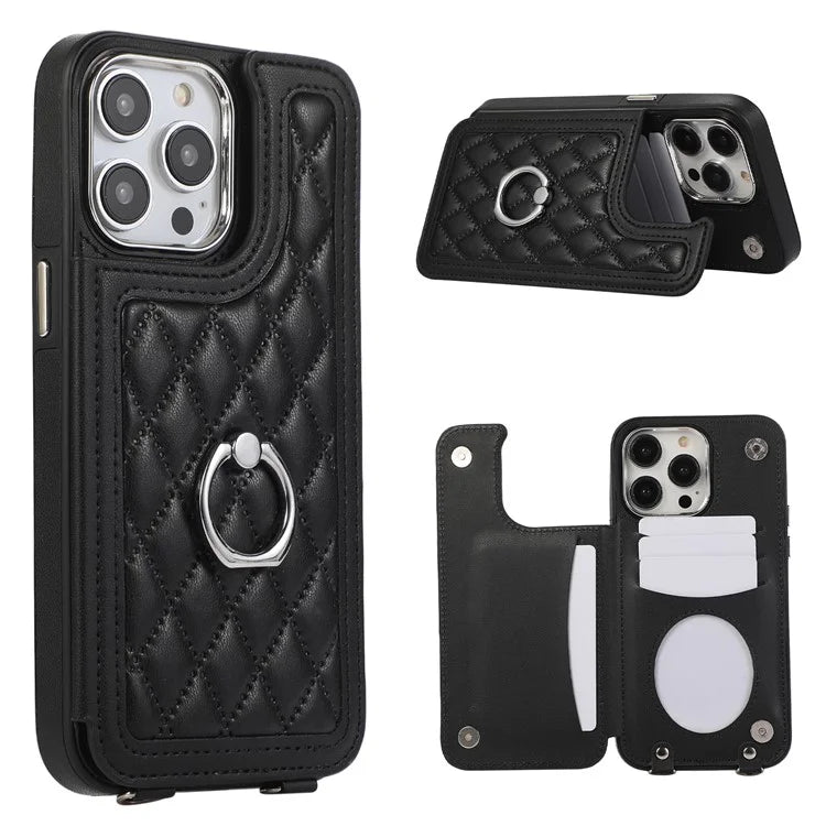 For iPhone 16 Pro Max Case Anti-Drop TPU+PU Leather Phone Cover with Ring Kickstand and Shoulder Strap