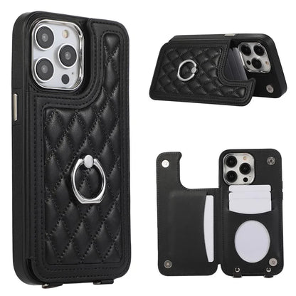 For iPhone 16 Pro Max Case Anti-Drop TPU+PU Leather Phone Cover with Ring Kickstand and Shoulder Strap