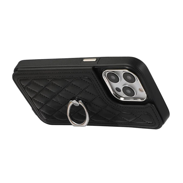 For iPhone 16 Pro Max Case Anti-Drop TPU+PU Leather Phone Cover with Ring Kickstand and Shoulder Strap