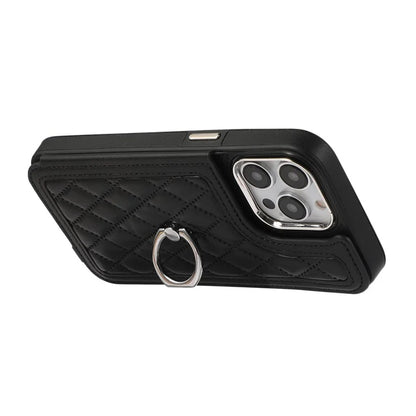 For iPhone 16 Pro Max Case Anti-Drop TPU+PU Leather Phone Cover with Ring Kickstand and Shoulder Strap