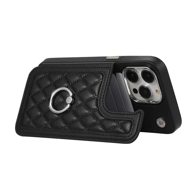 For iPhone 16 Pro Max Case Anti-Drop TPU+PU Leather Phone Cover with Ring Kickstand and Shoulder Strap