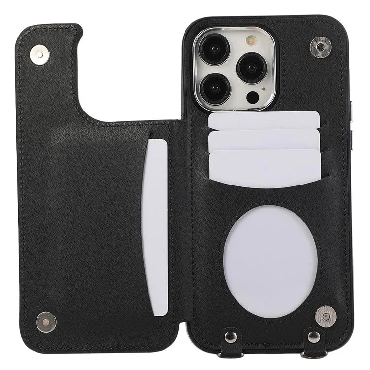 For iPhone 16 Pro Max Case Anti-Drop TPU+PU Leather Phone Cover with Ring Kickstand and Shoulder Strap