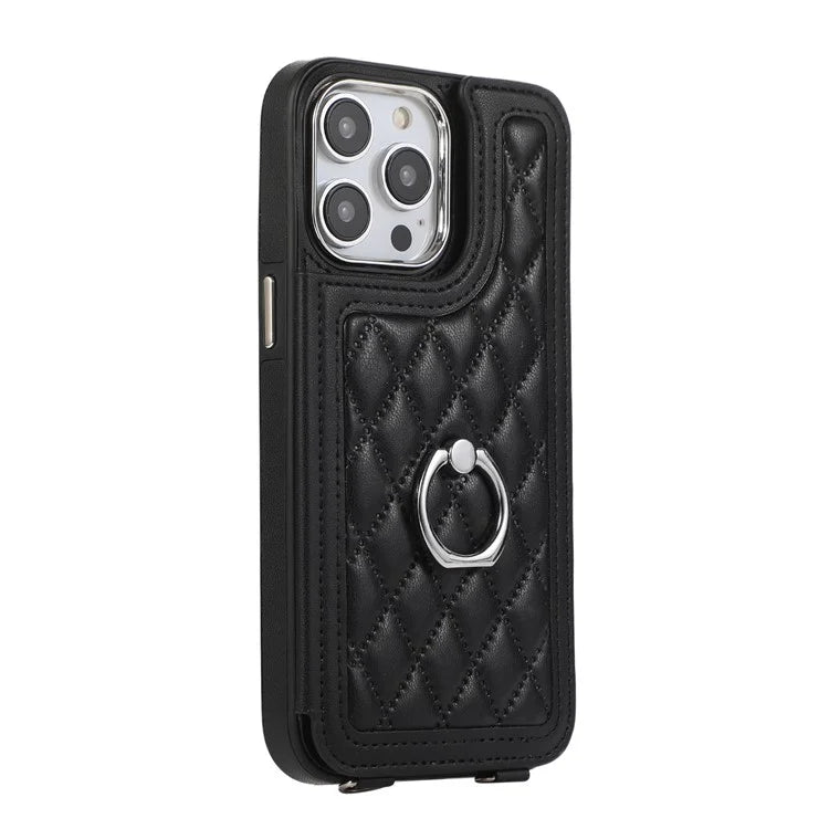 For iPhone 16 Pro Max Case Anti-Drop TPU+PU Leather Phone Cover with Ring Kickstand and Shoulder Strap