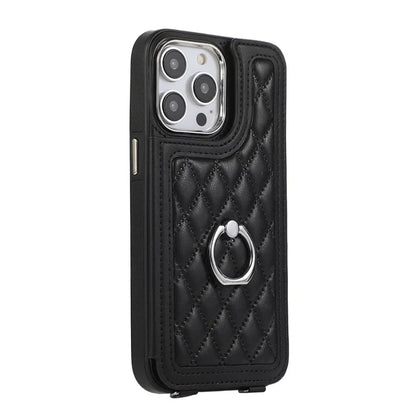 For iPhone 16 Pro Max Case Anti-Drop TPU+PU Leather Phone Cover with Ring Kickstand and Shoulder Strap