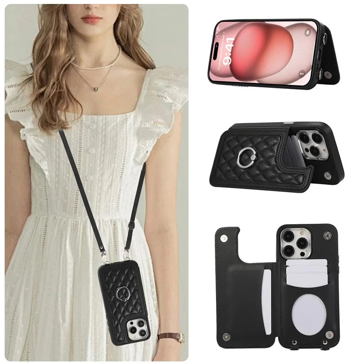 For iPhone 16 Pro Max Case Anti-Drop TPU+PU Leather Phone Cover with Ring Kickstand and Shoulder Strap