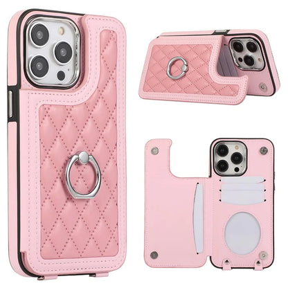 For iPhone 16 Pro Max Case Anti-Drop TPU+PU Leather Phone Cover with Ring Kickstand and Shoulder Strap