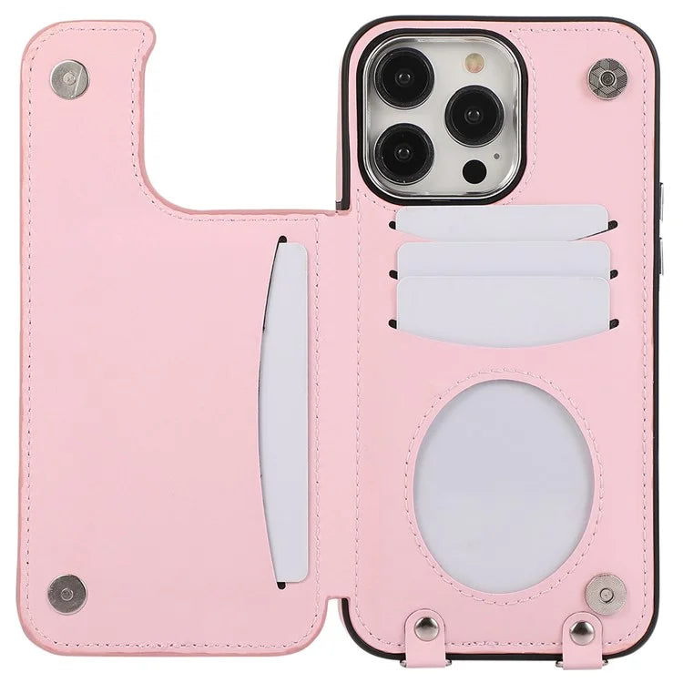 For iPhone 16 Pro Max Case Anti-Drop TPU+PU Leather Phone Cover with Ring Kickstand and Shoulder Strap