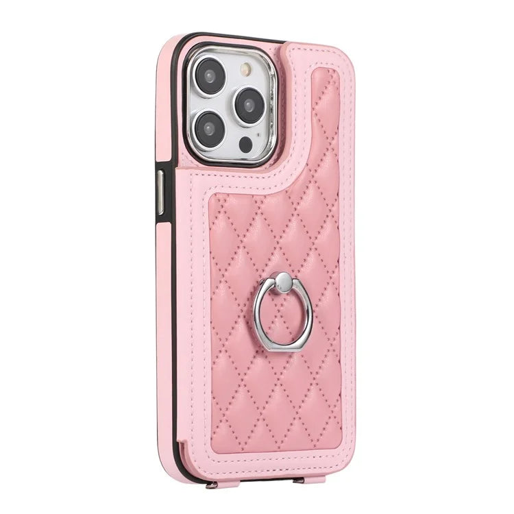 For iPhone 16 Pro Max Case Anti-Drop TPU+PU Leather Phone Cover with Ring Kickstand and Shoulder Strap