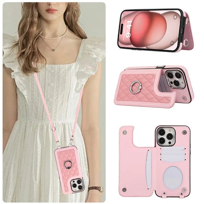 For iPhone 16 Pro Max Case Anti-Drop TPU+PU Leather Phone Cover with Ring Kickstand and Shoulder Strap