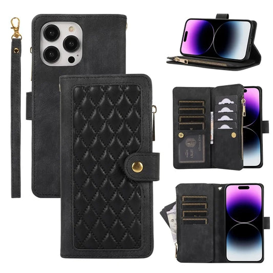 For iPhone 16 Pro Max Case TPU+PU Leather Zipper Pocket Wallet Phone Cover with Wrist Strap