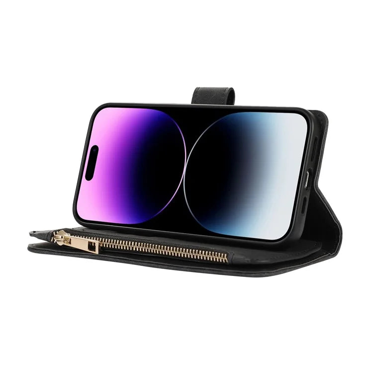 For iPhone 16 Pro Max Case TPU+PU Leather Zipper Pocket Wallet Phone Cover with Wrist Strap
