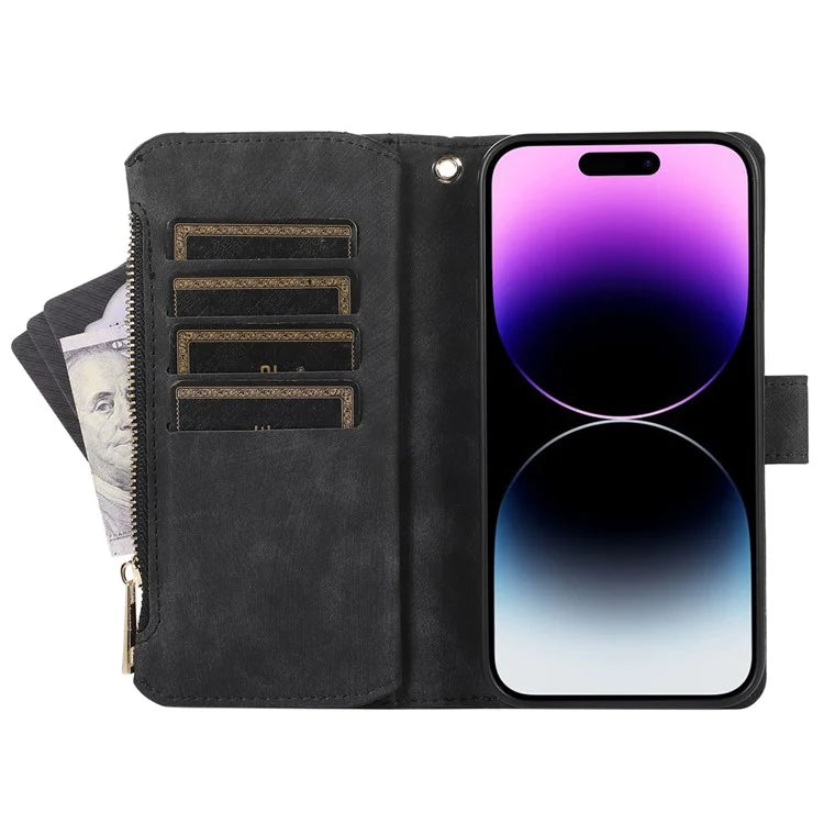 For iPhone 16 Pro Max Case TPU+PU Leather Zipper Pocket Wallet Phone Cover with Wrist Strap