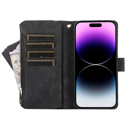 For iPhone 16 Pro Max Case TPU+PU Leather Zipper Pocket Wallet Phone Cover with Wrist Strap