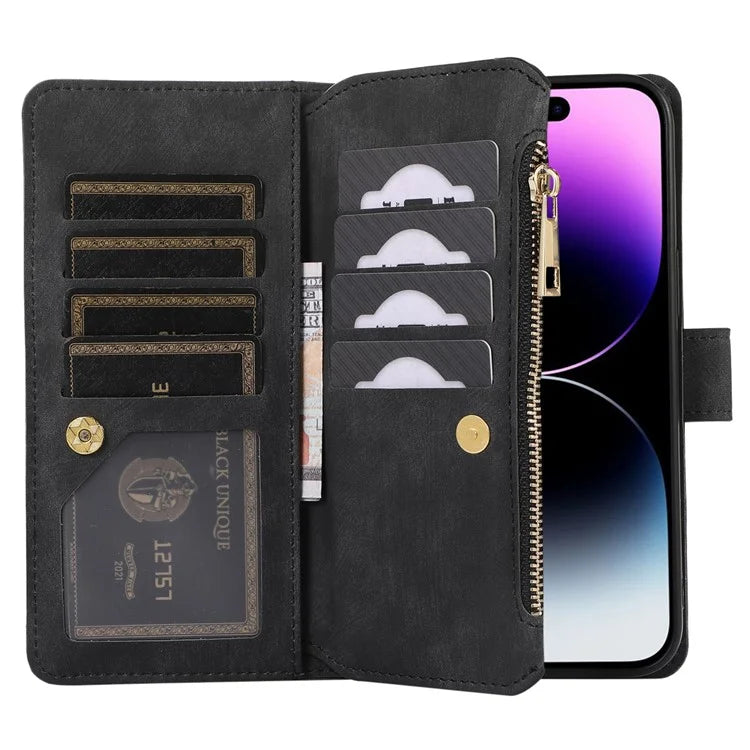For iPhone 16 Pro Max Case TPU+PU Leather Zipper Pocket Wallet Phone Cover with Wrist Strap