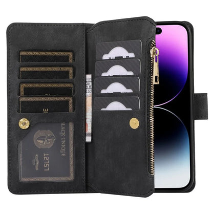 For iPhone 16 Pro Max Case TPU+PU Leather Zipper Pocket Wallet Phone Cover with Wrist Strap