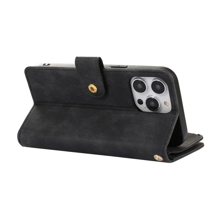 For iPhone 16 Pro Max Case TPU+PU Leather Zipper Pocket Wallet Phone Cover with Wrist Strap