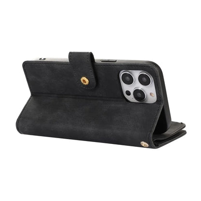 For iPhone 16 Pro Max Case TPU+PU Leather Zipper Pocket Wallet Phone Cover with Wrist Strap