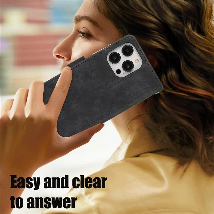 For iPhone 16 Pro Max Case TPU+PU Leather Zipper Pocket Wallet Phone Cover with Wrist Strap