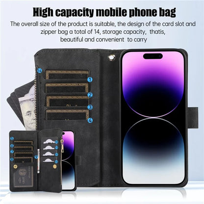 For iPhone 16 Pro Max Case TPU+PU Leather Zipper Pocket Wallet Phone Cover with Wrist Strap