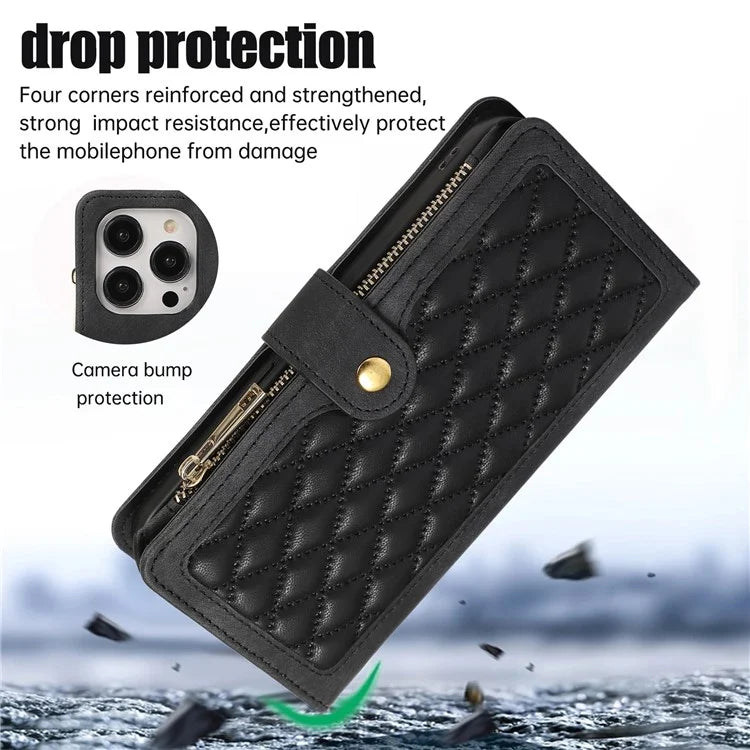 For iPhone 16 Pro Max Case TPU+PU Leather Zipper Pocket Wallet Phone Cover with Wrist Strap