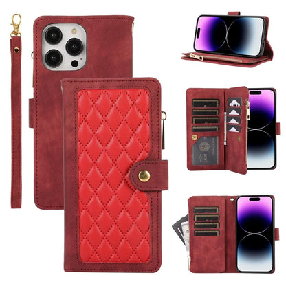 For iPhone 16 Pro Max Case TPU+PU Leather Zipper Pocket Wallet Phone Cover with Wrist Strap