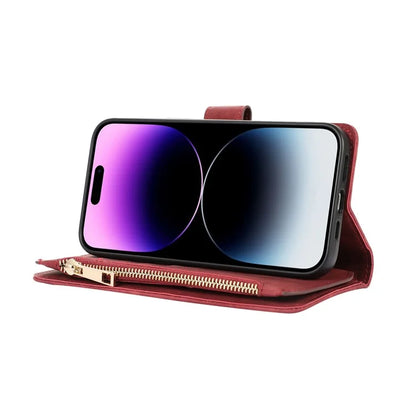 For iPhone 16 Pro Max Case TPU+PU Leather Zipper Pocket Wallet Phone Cover with Wrist Strap