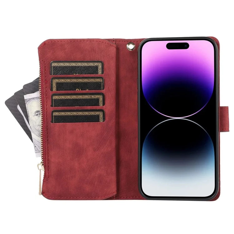 For iPhone 16 Pro Max Case TPU+PU Leather Zipper Pocket Wallet Phone Cover with Wrist Strap