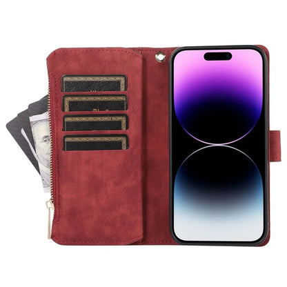 For iPhone 16 Pro Max Case TPU+PU Leather Zipper Pocket Wallet Phone Cover with Wrist Strap