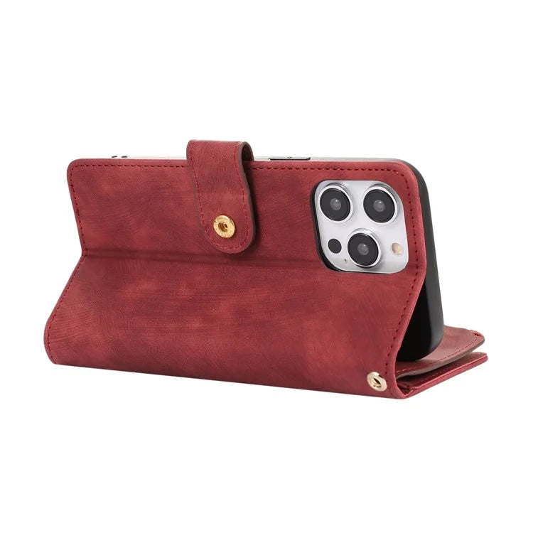 For iPhone 16 Pro Max Case TPU+PU Leather Zipper Pocket Wallet Phone Cover with Wrist Strap