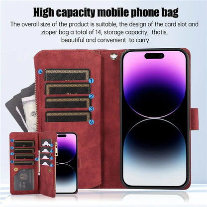 For iPhone 16 Pro Max Case TPU+PU Leather Zipper Pocket Wallet Phone Cover with Wrist Strap