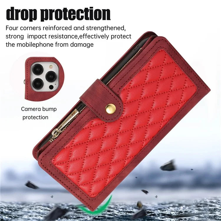 For iPhone 16 Pro Max Case TPU+PU Leather Zipper Pocket Wallet Phone Cover with Wrist Strap