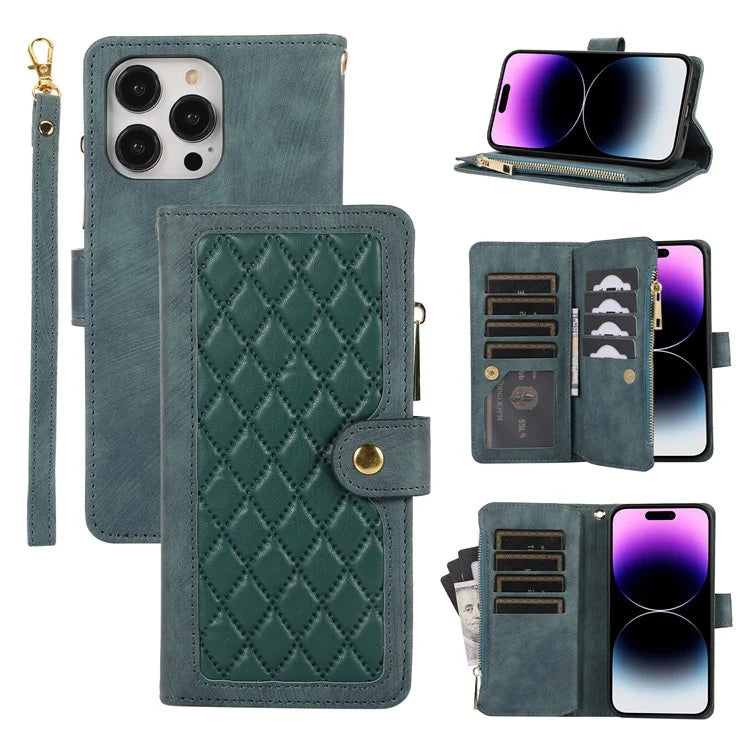 For iPhone 16 Pro Max Case TPU+PU Leather Zipper Pocket Wallet Phone Cover with Wrist Strap